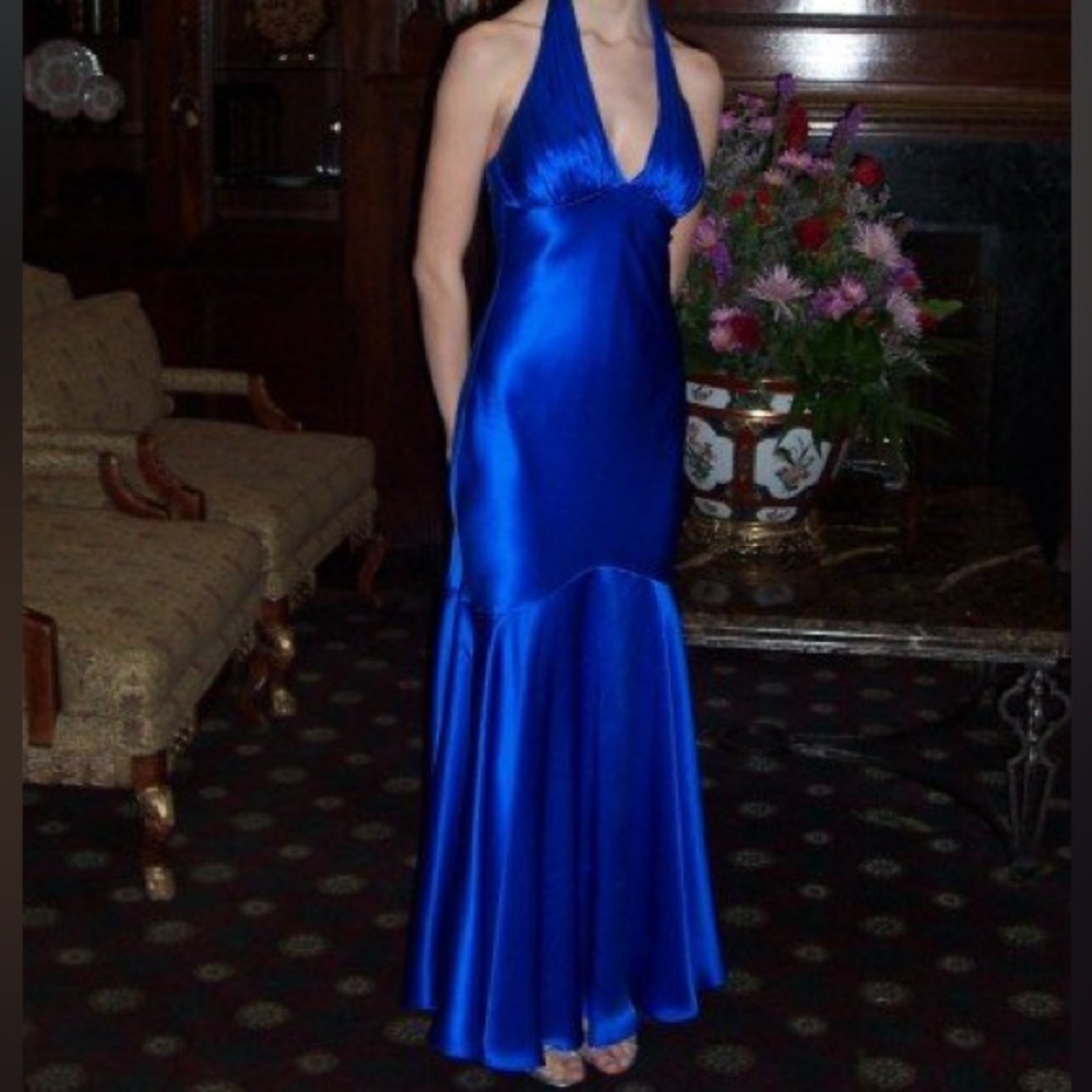 Vintage Y2K Prom Cache Royal Blue Satin Halter Dress Size 2
